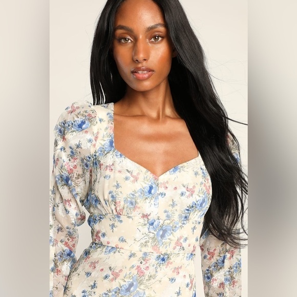 Lulu’s Lovely Type Ivory Floral Print Puff Sleeves A-Line Mini Dress Size XL - Picture 2 of 12